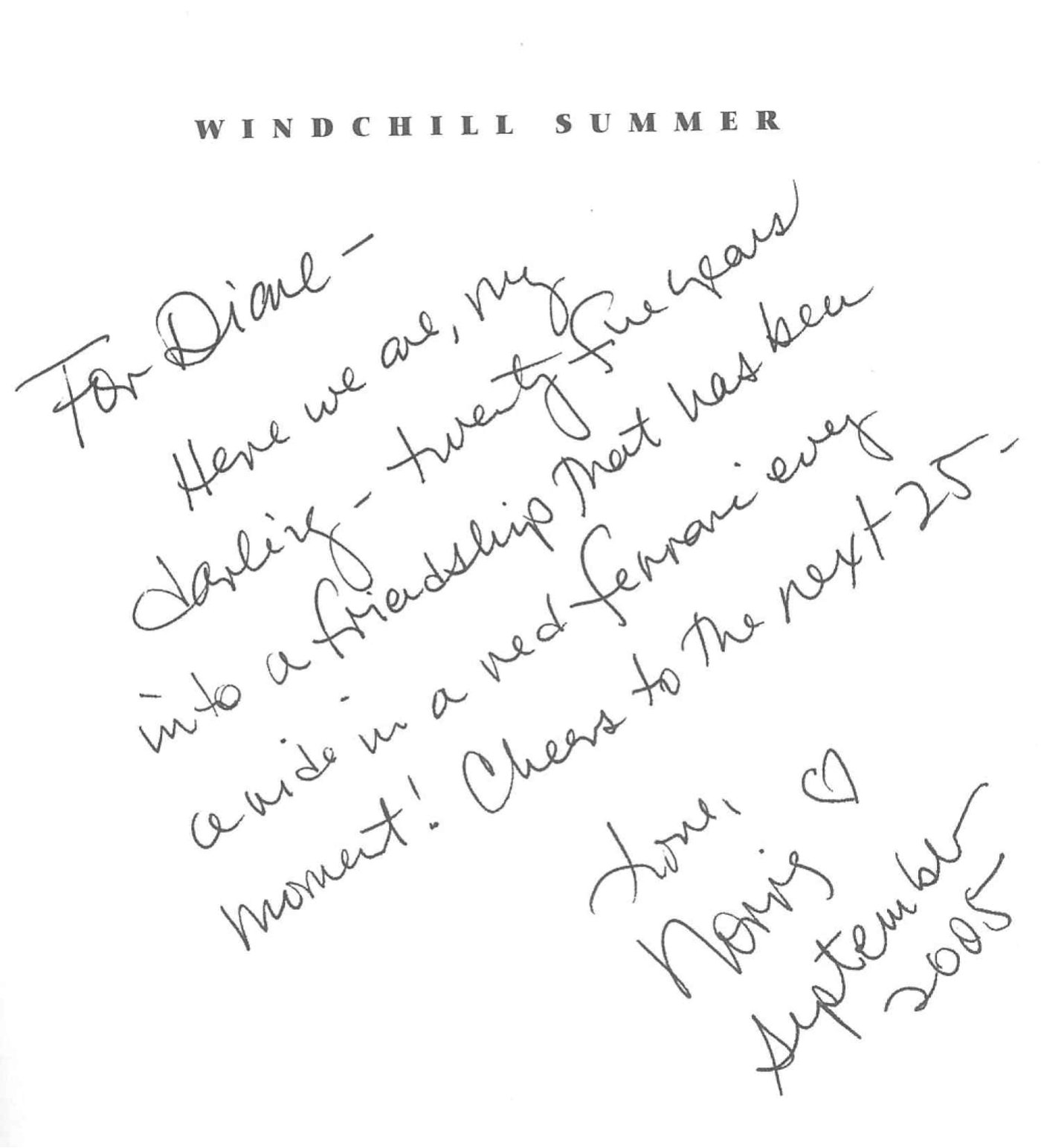 Handwritten inscription on the title page of Windchill Summer
