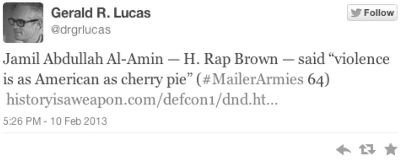 Jamil Abdullah Al-Amin — H. Rap Brown — said “violence is as American as cherry pie” (#MailerArmies 64) historyisaweapon.com/defcon1/dnd.ht…