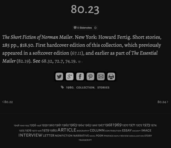 Figure 6: Each entry stands on its own, but uses links for cross-references. Posts are organized by year and type. Plugins allow for annotation (“Sidenotes”) and sharing.