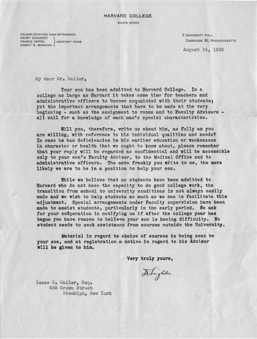 First page of the 1939 Harvard College form letter described below