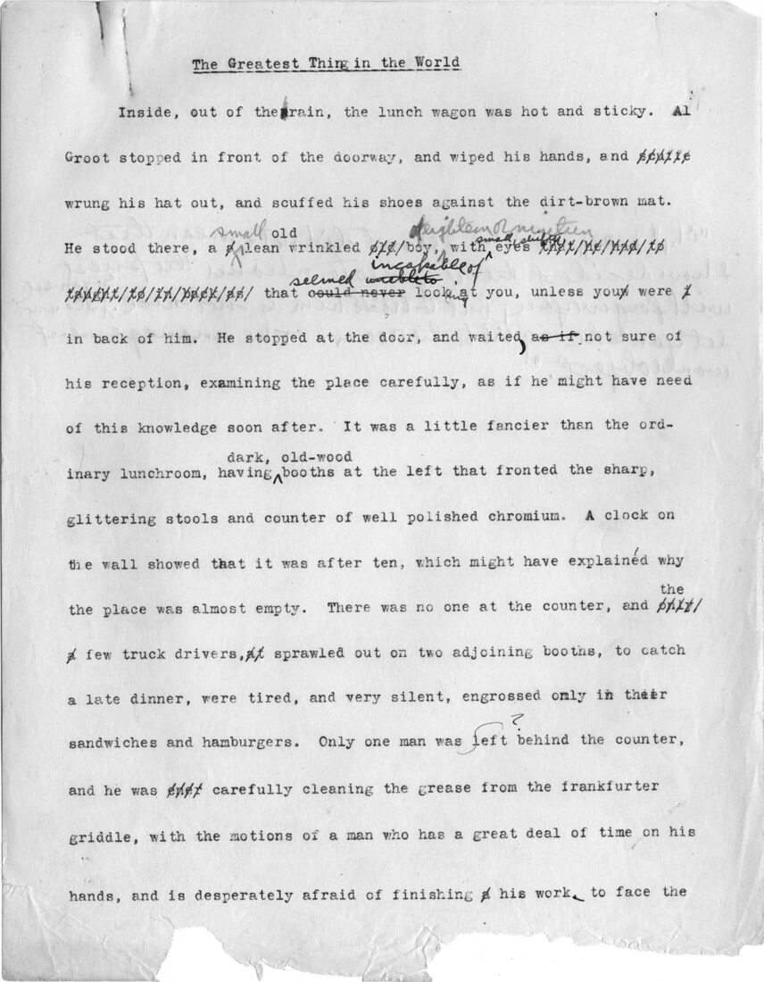 “The Greatest Thing in the World” was Mailer’s first story published in the Harvard Advocate. It won the prestigious College Short Story Contest in 1941 and helped convince Mailer’s family that he might indeed be able to pursue a successful career as a writer.