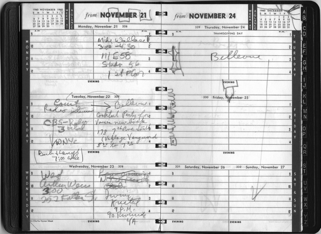 Several days after he stabbed his wife, Adele, in the early morning hours of 20 November 1960, Mailer was committed to Bellevue Hospital for observation. The entries in his appointment book for the week of November 21–27 include an interview with Mike Wallace a few days before Mailer entered Bellevue.