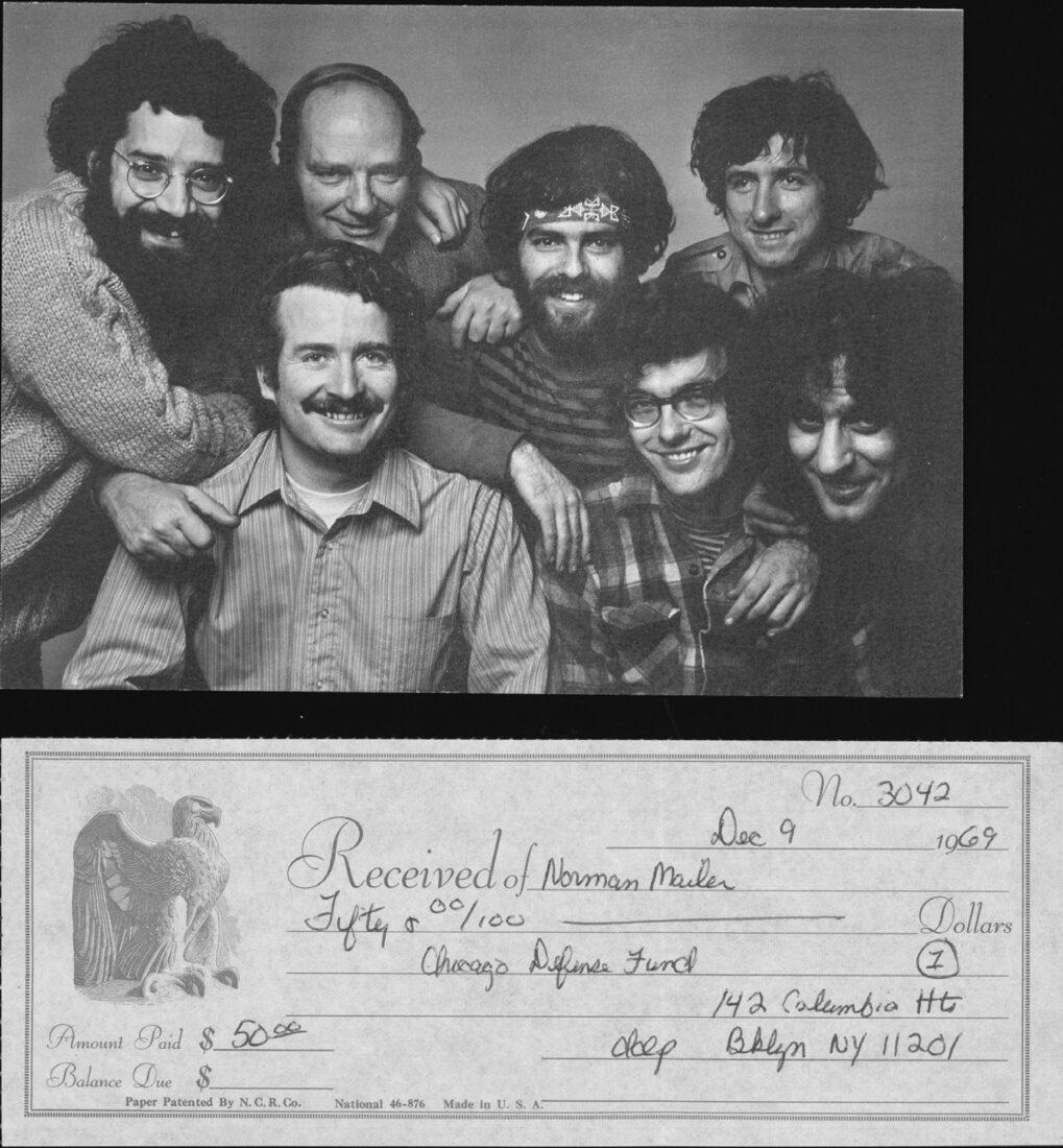 A greeting card from the Committee to Defend the Conspiracy, ca. 1969, and Mailer’s contribution receipt. Mailer disagreed with the Yippie movement’s tactics in Chicago but protested the Chicago Seven’s indictment and trial on federal charges of conspiracy and inciting to riot. In 1969, he famously testified, “left-wingers are incapable of conspiracy because they’re all egomaniacs.” The trial, widely regarded as an historic clash between the forces of convention and radicalism, ended in five convictions, all of which were reversed.