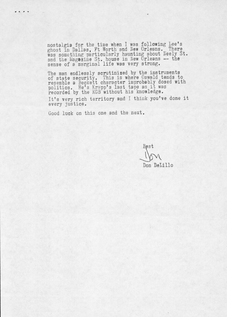 Second page of Don DeLillo’s letter about Oswald